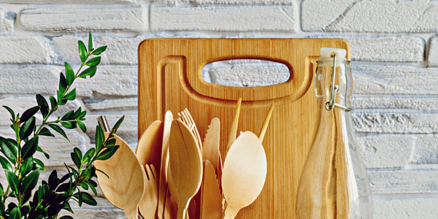Cutting board, utensils and cutlery with a nice wall tile behind it - Soulshine's Kitchenware Section