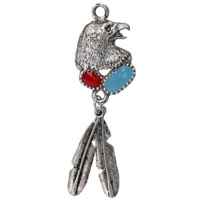 PENDANT SM EAGLE HEAD W/ FEATHERS & RED/TURQ