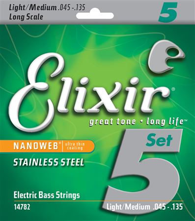 Elixir nanoweb 5 string electric bass strings stainless steel light/medium .045-.135
