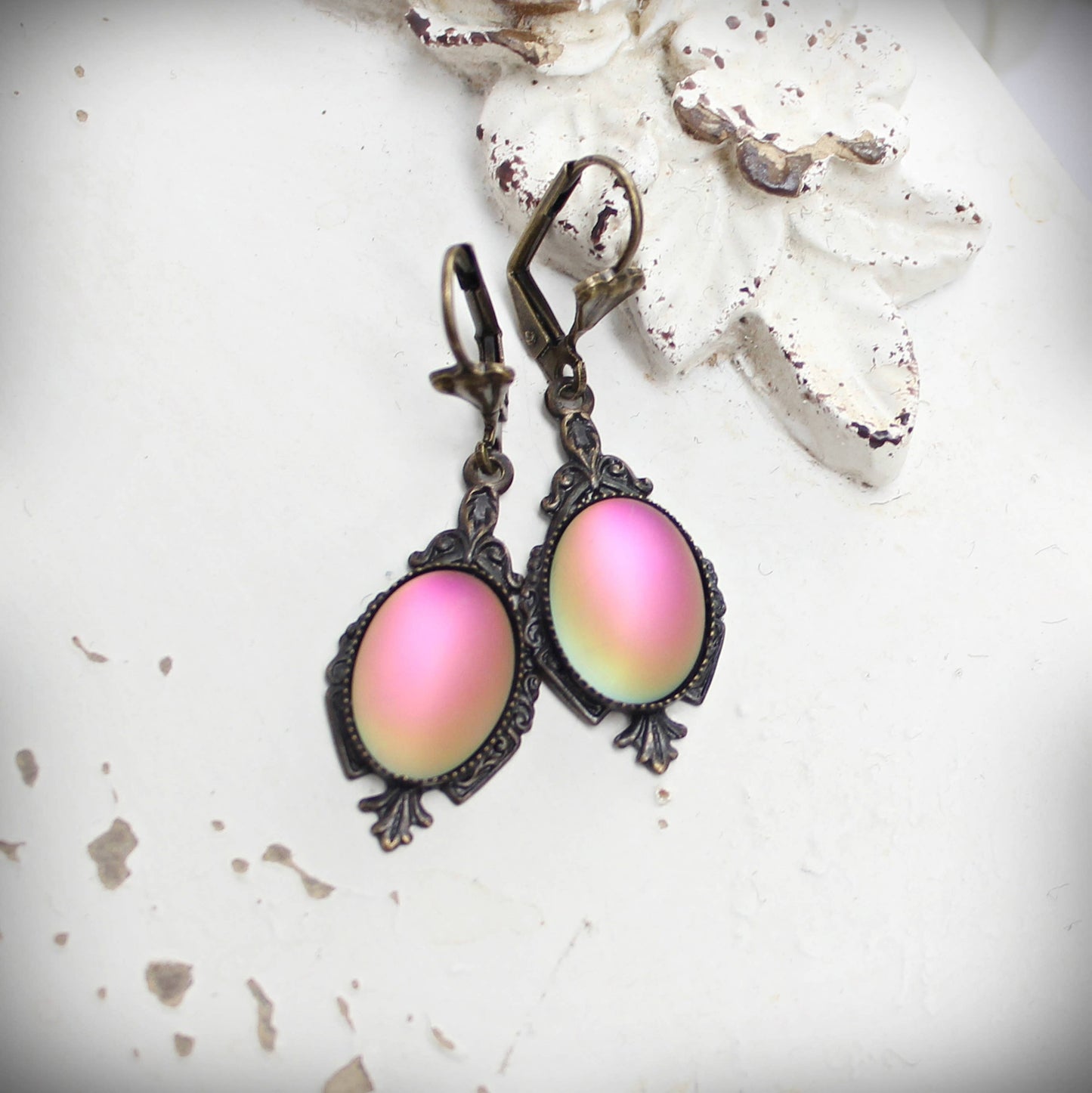 Circa 1890 - Lumina Frosted Watermelon Pink Glass Edwardian Drop Earrings
