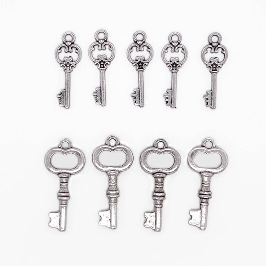 Antique Key Charms in Silver 9 pc