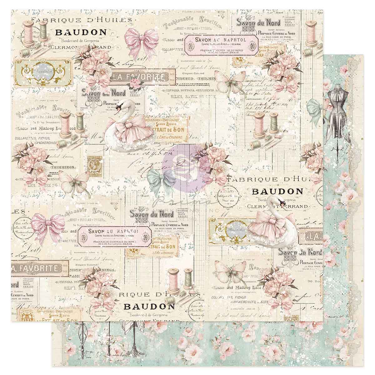 Prima Marketing - Buttons & Keepsakes 12x12 Paper Sheet, Delicate Stitches