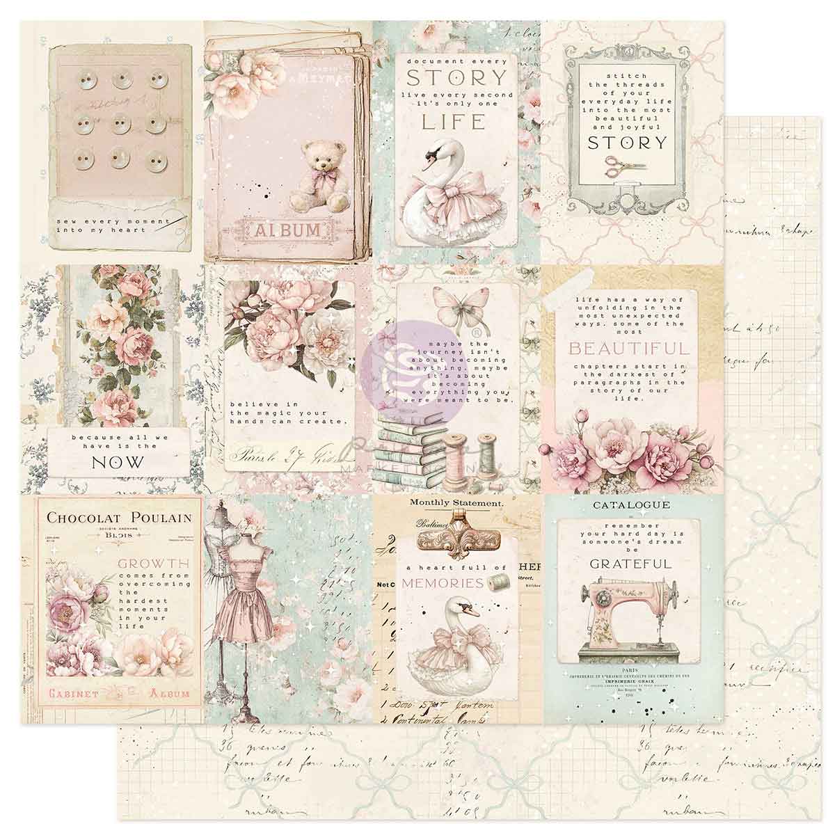 Prima Marketing - Buttons & Keepsakes 12x12 Paper Sheet, A Heart Full Of Memories