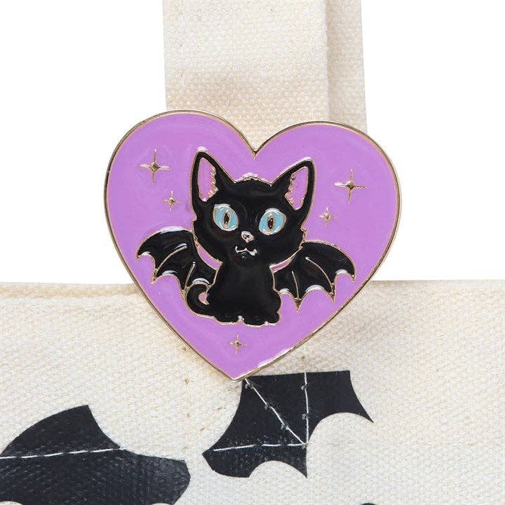 Something Different Wholesale Cute and Creepy Black Cat Print Polycotton Tote Bag with Enamel Pin