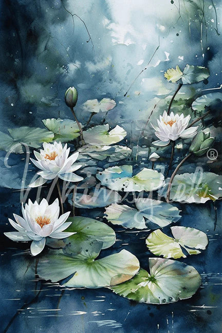 Whimsykel Designs : Decoupage Paper : Blue Water Lilies 21x29"