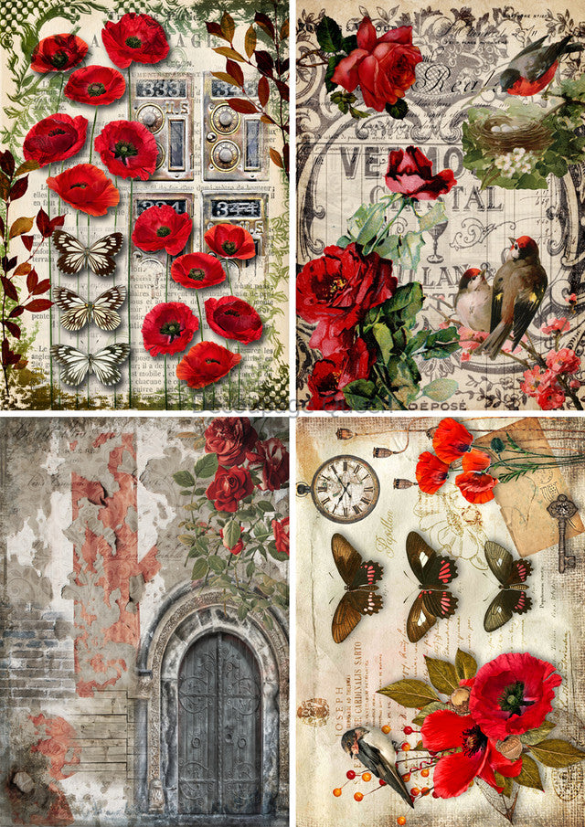 Decoupage Queen - Vellum Paper : Roses and Poppies A3 8.5x11.7"