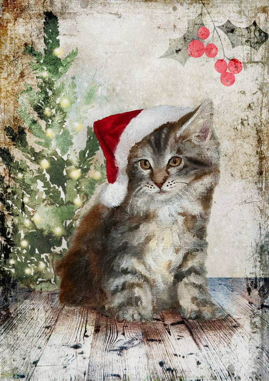Decoupage Queen - Teresa Rene Art - Fluffy Christmas Cat A4&A3
