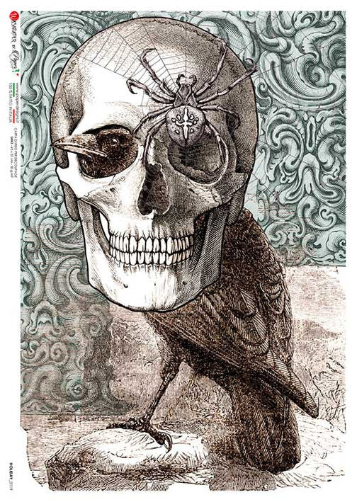 Paper Designs - Skull With Raven & Spider A4 Rice Paper