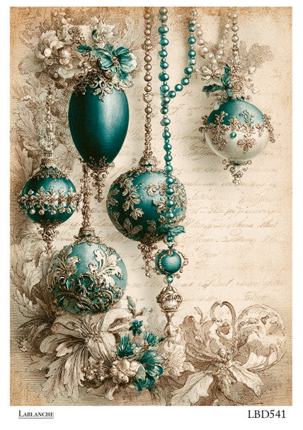 Lablanche - Teal Jeweled Christmas Ornaments and Pearls A4 Rice Paper