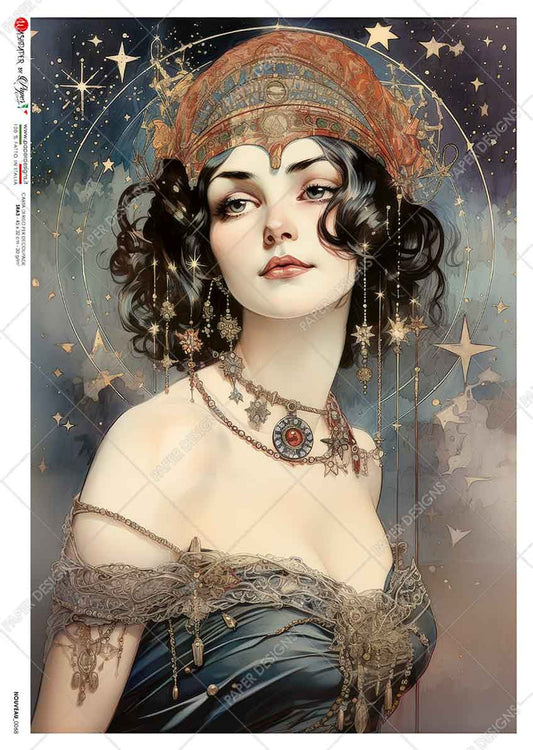 Paper Designs - Mucha Inspired Celestial Portrait II A3 Rice Paper
