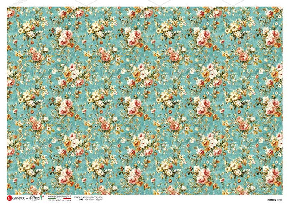 Paper Designs : Turquoise and Pink Small Florals Rice Paper A4
