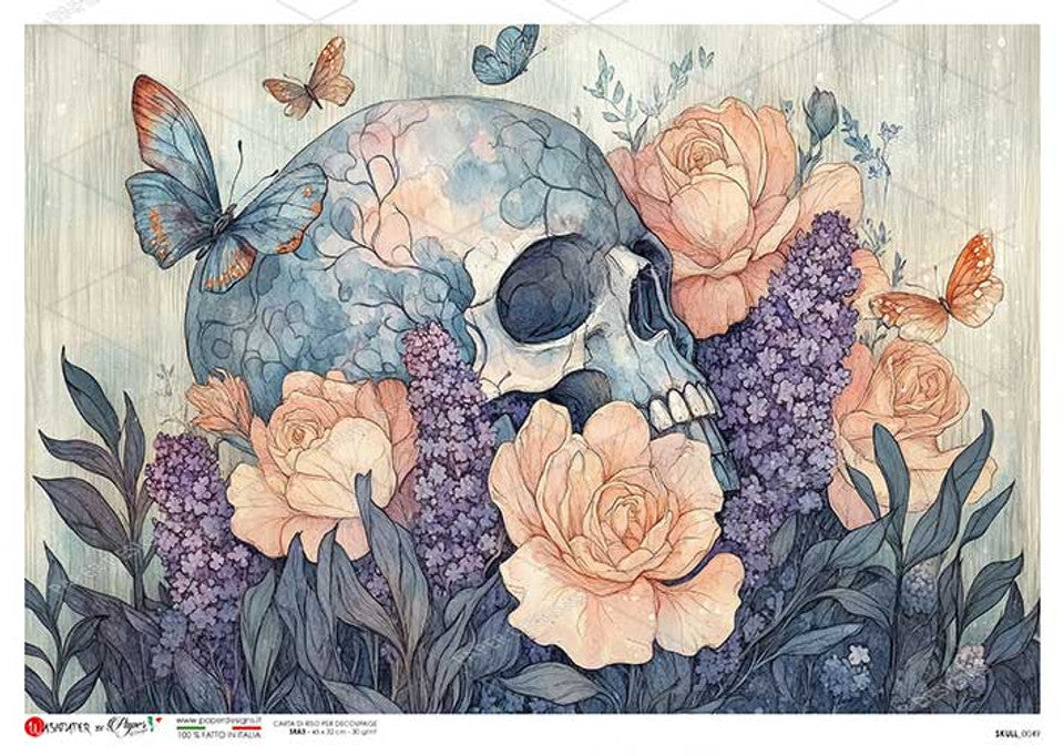 Paper Designs - Skull with Lavender and Butterflies A4 Rice Paper