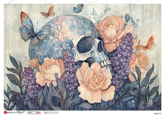 Paper Designs - Skull with Lavender and Butterflies A4 Rice Paper