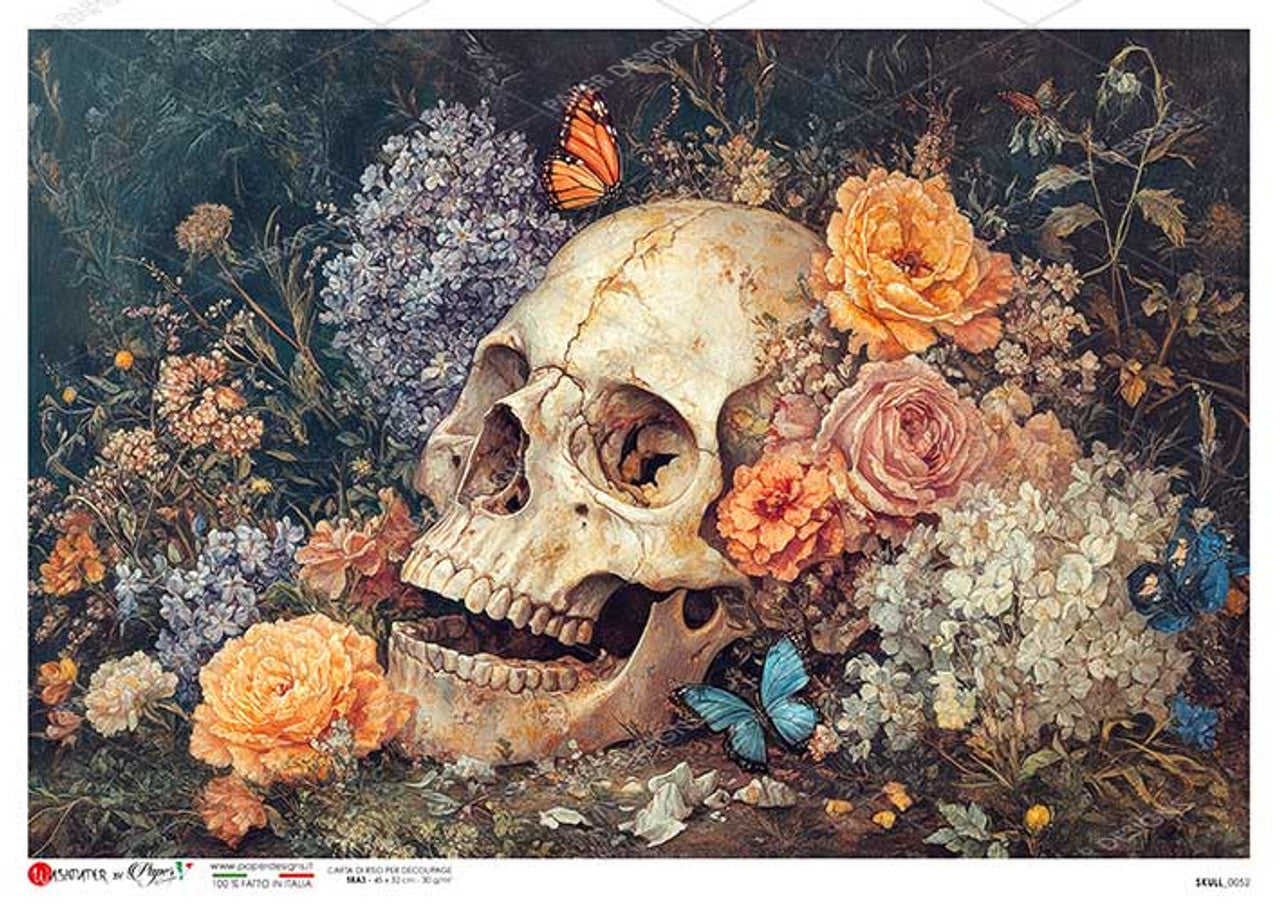 Paper Designs : Skull with Roses Dark Rice Paper A4