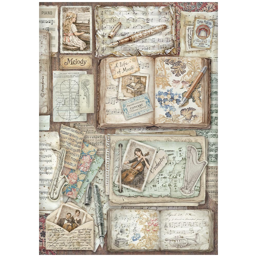 Stamperia A4 Rice Paper Symphony Letters and Books