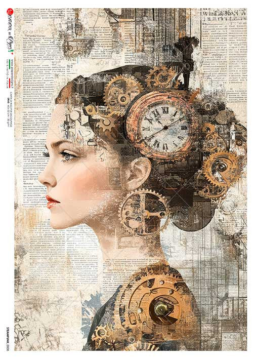 Paper Designs - Steampunk Lady on Ephemera VIII A4 Rice Paper