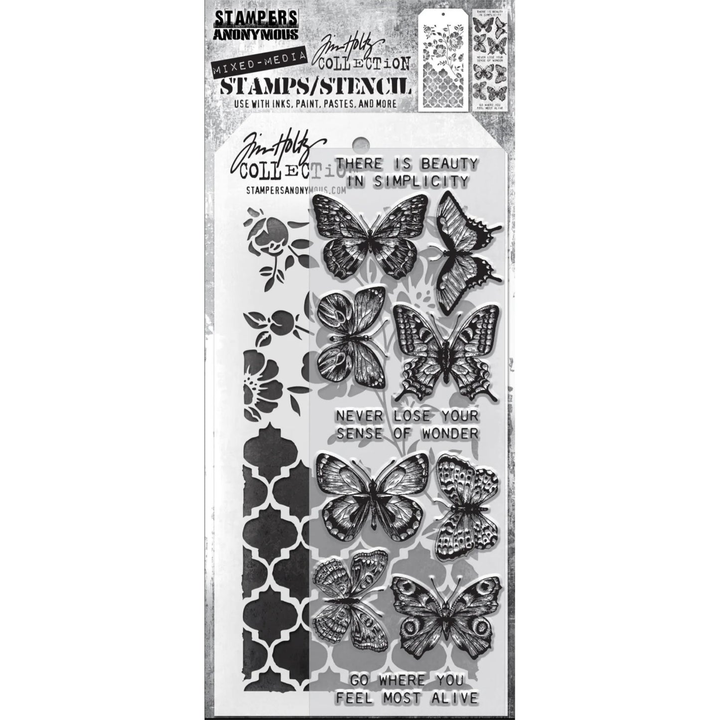Stampers Anonymous & Tim Holtz - Clear Stamps & Stencil - Flutter, Floral and Trellis