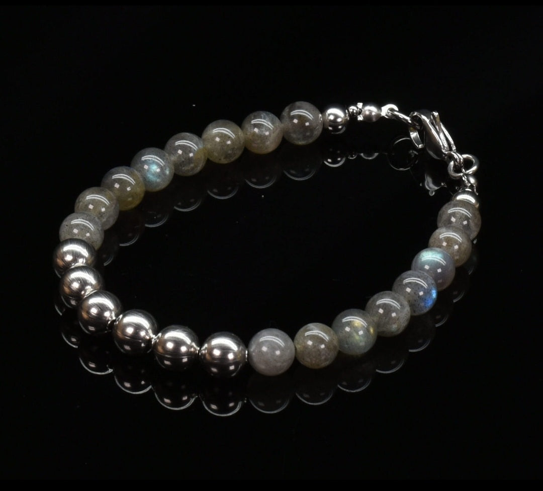 Men's Labradorite Stone Bracelet with Silver Stainless Steel