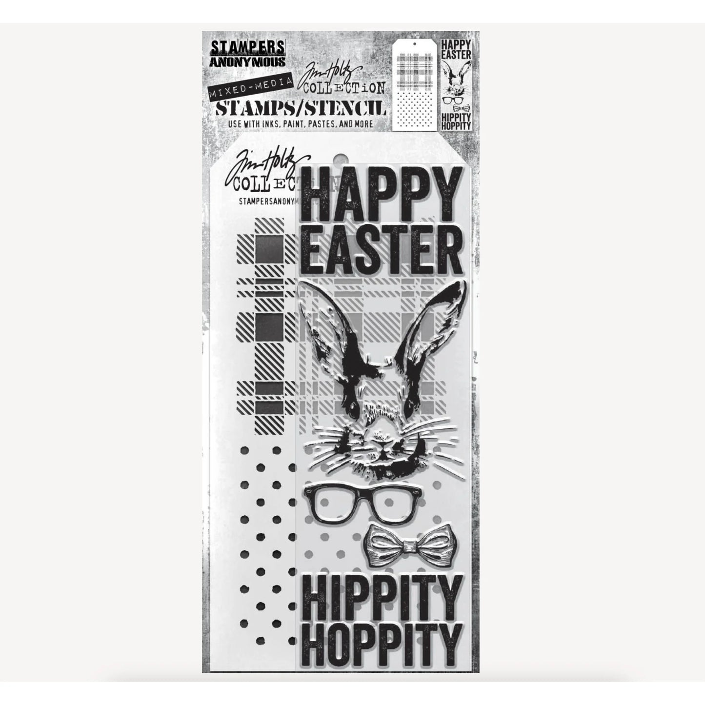 Stampers Anonymous - Tim Holtz - Clear Stamps & Stencil - Hipster Bunny, Plaid and Polkadot