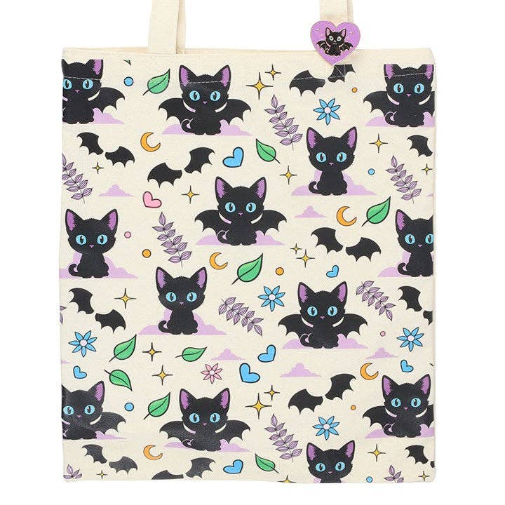 Something Different Wholesale Cute and Creepy Black Cat Print Polycotton Tote Bag with Enamel Pin
