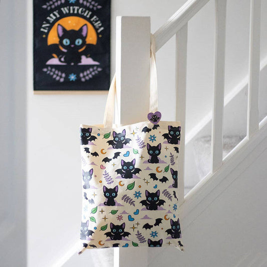 Something Different Wholesale Cute and Creepy Black Cat Print Polycotton Tote Bag with Enamel Pin