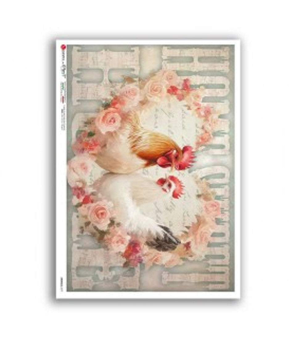 Paper Designs - Rooster and Hen With Roses A1 Rice Paper