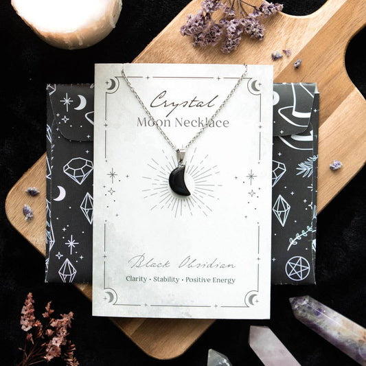 Something Different Wholesale Black Obsidian Crystal Moon Necklace on Greeting Card