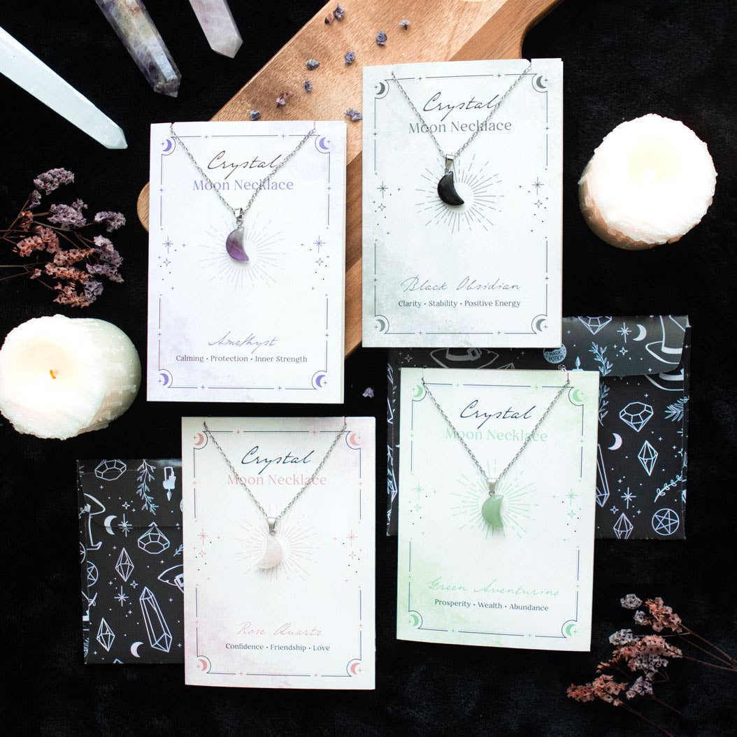 Something Different Wholesale Black Obsidian Crystal Moon Necklace on Greeting Card