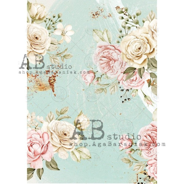 AB Studios - Aqua and Pink Roses A4 Rice Paper