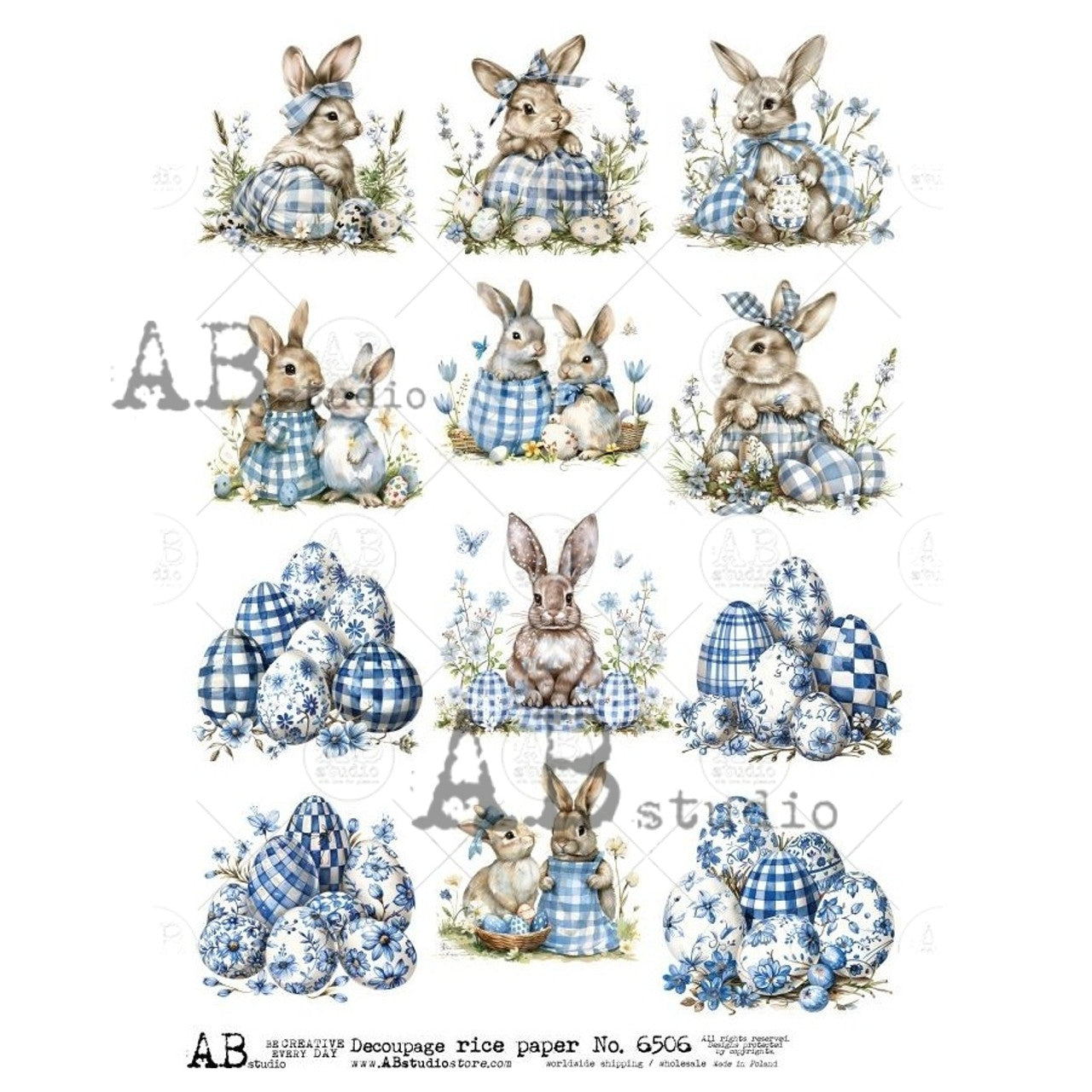 AB Studios : Blue Plaid Bunny Die Cuts Rice Paper A4