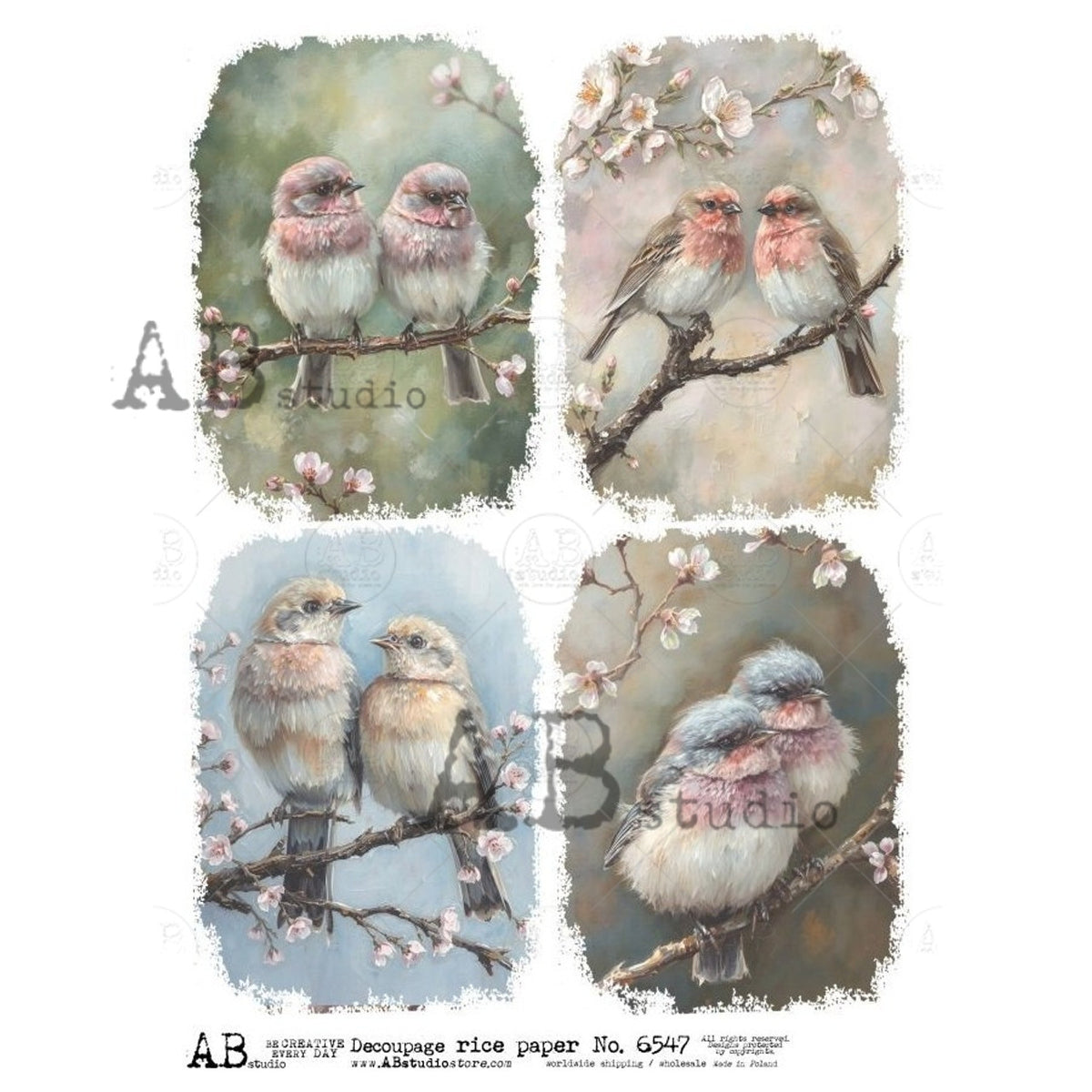 AB Studios - #6547 4 Pastel Birds A4 Rice Paper