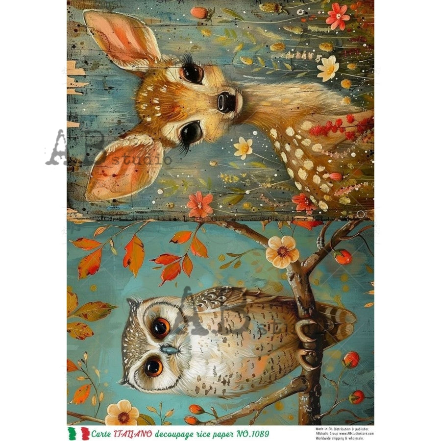 AB Studios - #1089 Deer and Owl A4 Rice Paper