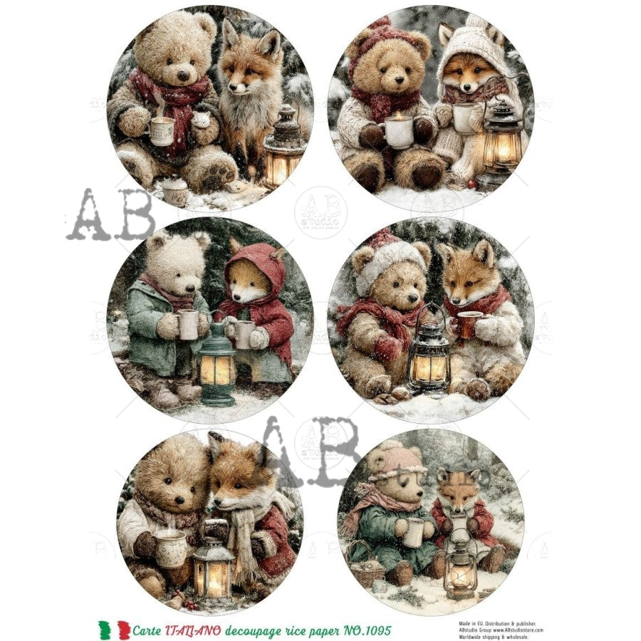 AB Studios - #1095 6 Christmas Teddy Bears & Friends A4 Rice Paper