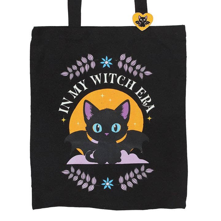 Something Different Wholesale In My Witch Era Bat Cat Polycotton Tote Bag with Enamel Pin