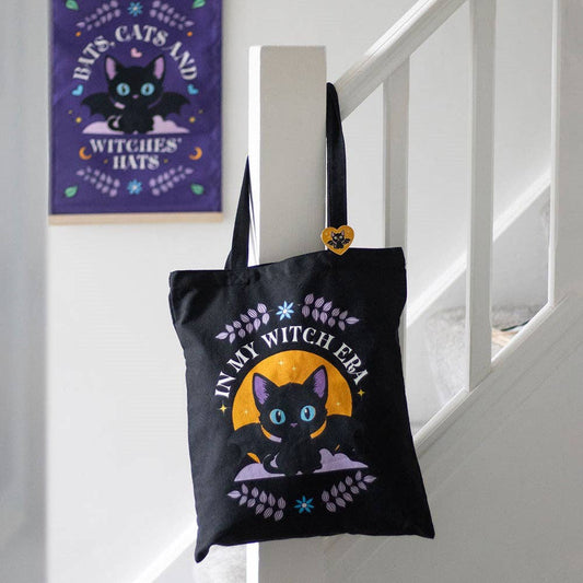 Something Different Wholesale In My Witch Era Bat Cat Polycotton Tote Bag with Enamel Pin