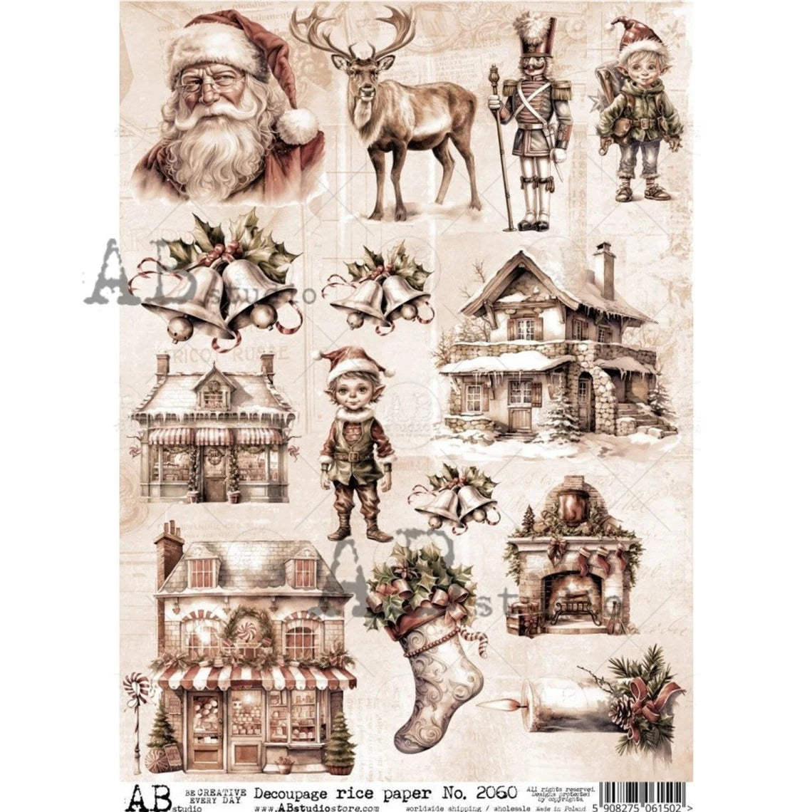 AB Studios Sepia Elves and Holiday Stores Rice Paper A4