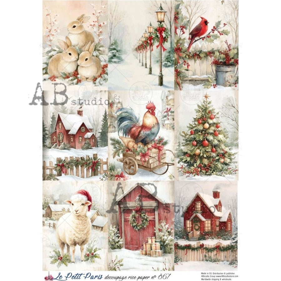 AB Studios - #867 9 Farm Christmas Images A4 Rice Paper