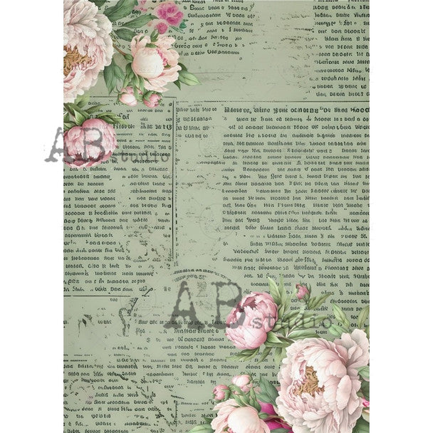 Ab Studios - Green Book Page with Pink Peonies A4 Rice Paper