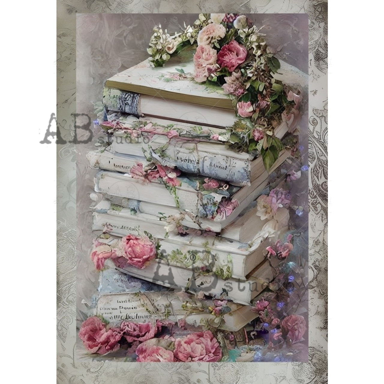 AB Studios Rice Paper Shabby Chic Stack of Books A4