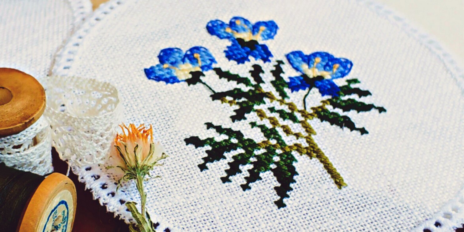 Cross-stitch art of blue flowers on a white canvas - Soulshine's Cross-Stitch and Embroidery Section