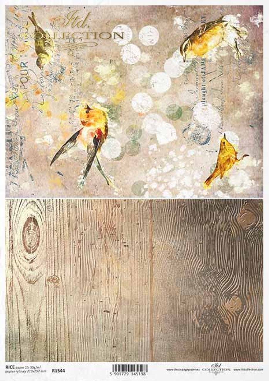 ITD Collection - Gold Birds Wood Grain  Rice Paper A4