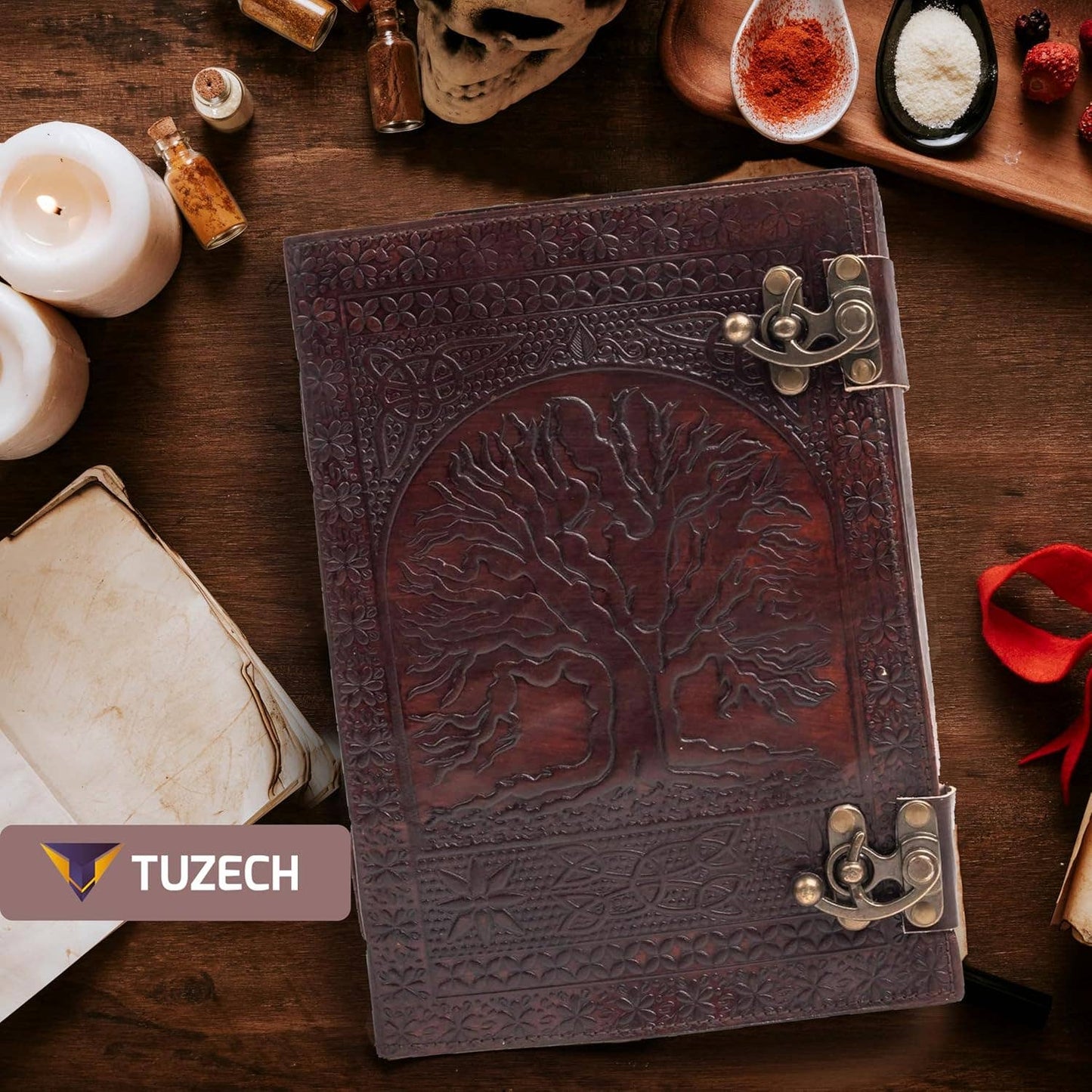 Tuzech 600 pages large tree of life journal | leather journal diary | embossed large tree of life notebook | writing leather notebook | handmade leather journal | leather grimoire | leather sketchbook 7 x 10 Thread Bound