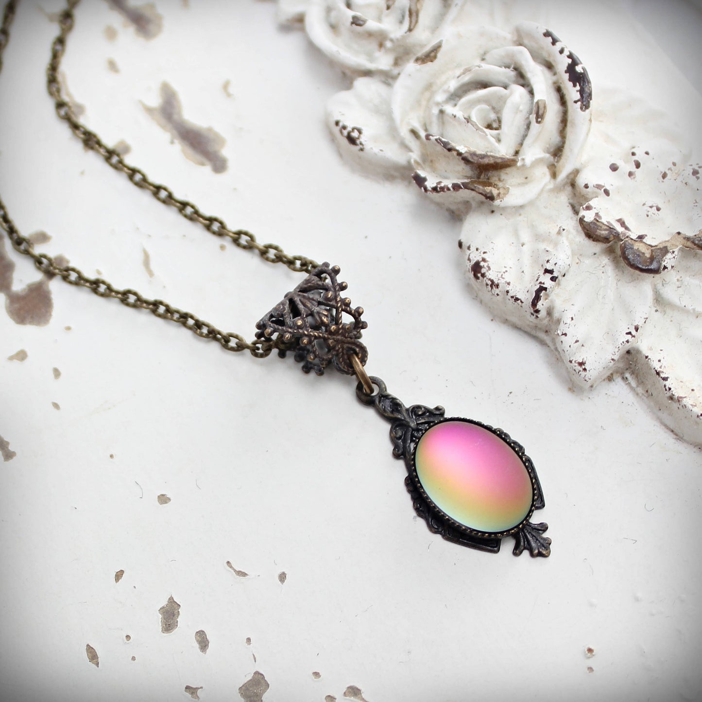 Circa 1890 - Lumina Frosted Watermelon Pink Glass Edwardian Necklace
