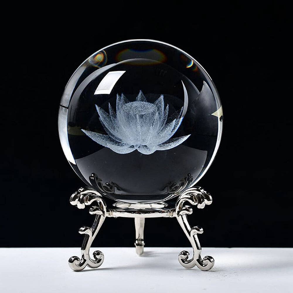 Arômes & Évasions : Home Decor - Crystal Ball on Wooden Led Stand - Carving Lotus