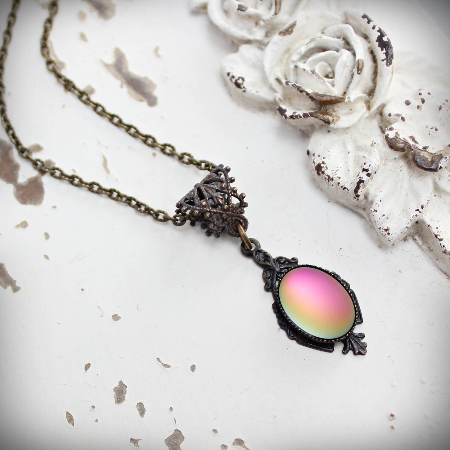 Circa 1890 - Lumina Frosted Watermelon Pink Glass Edwardian Necklace