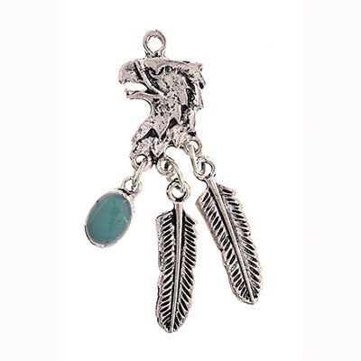 Pendant Small Eagle Head w/ 2 Feather 1 Turquoise Stone Drop 10 pack