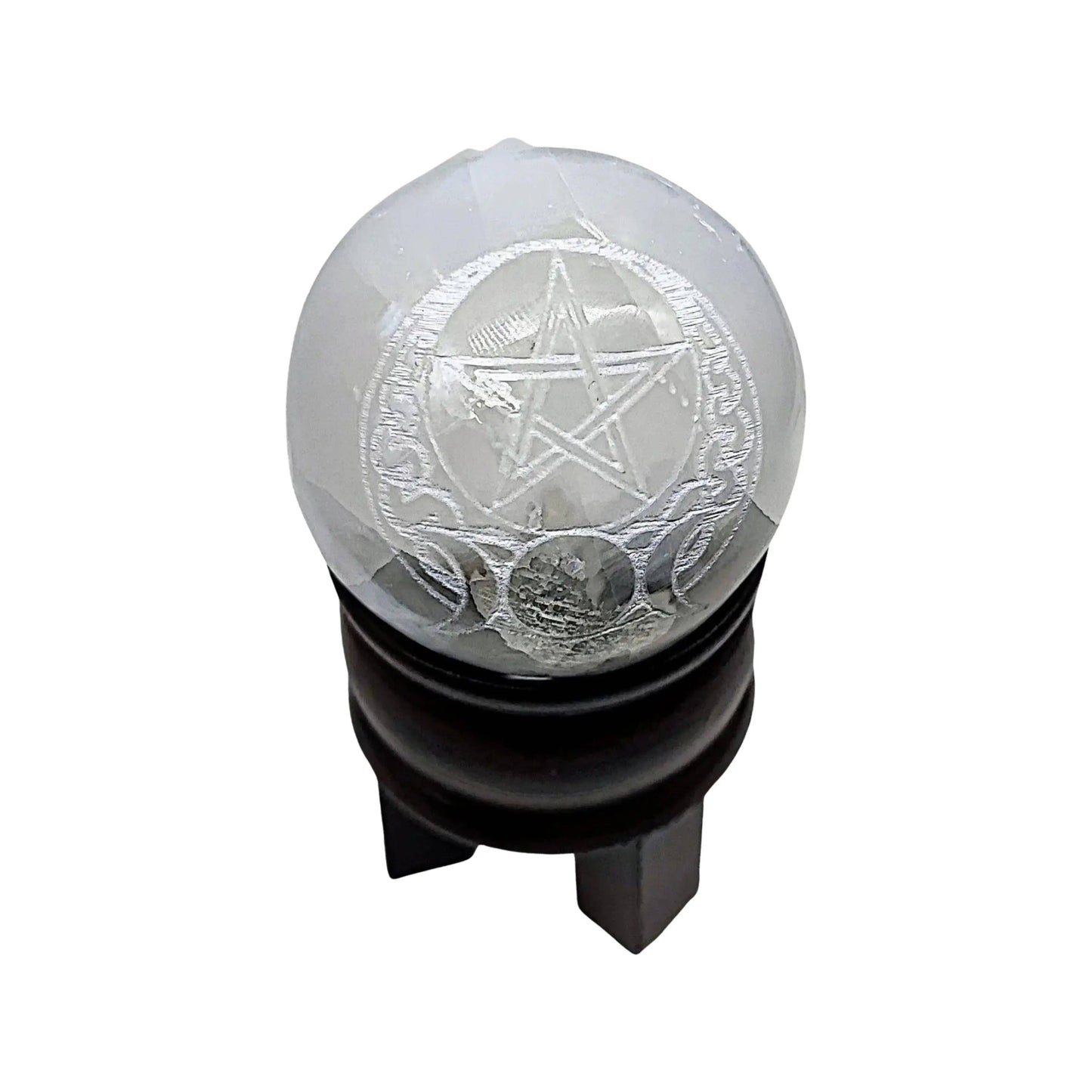 Arômes & Évasions : Selenite Sphere 2'' - Triple Moon & Pentacle Engraved