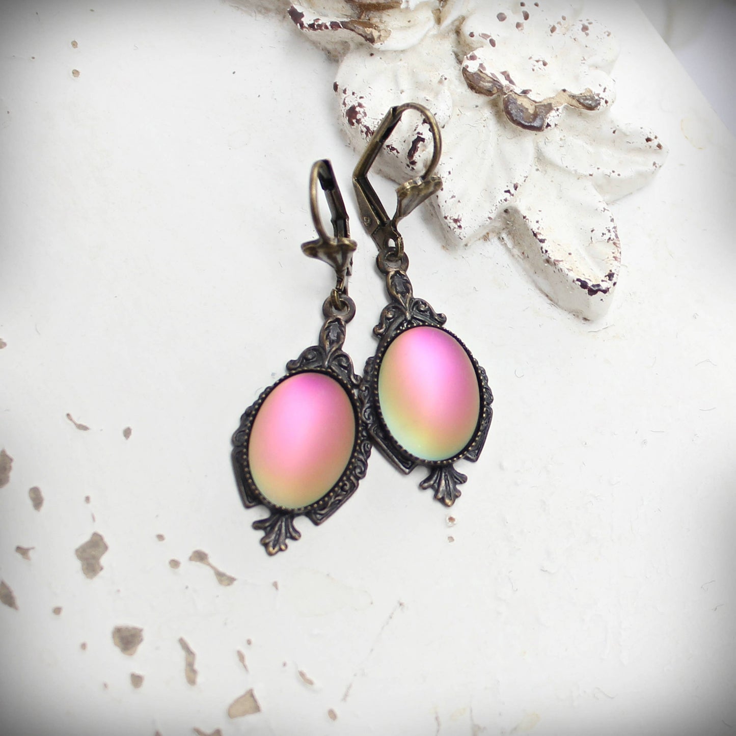 Circa 1890 - Lumina Frosted Watermelon Pink Glass Edwardian Drop Earrings