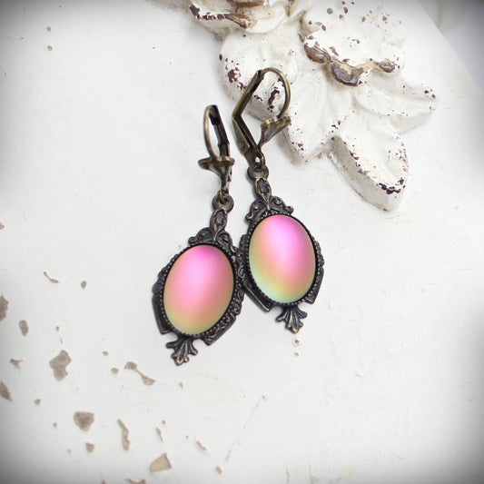 Circa 1890 - Lumina Frosted Watermelon Pink Glass Edwardian Drop Earrings