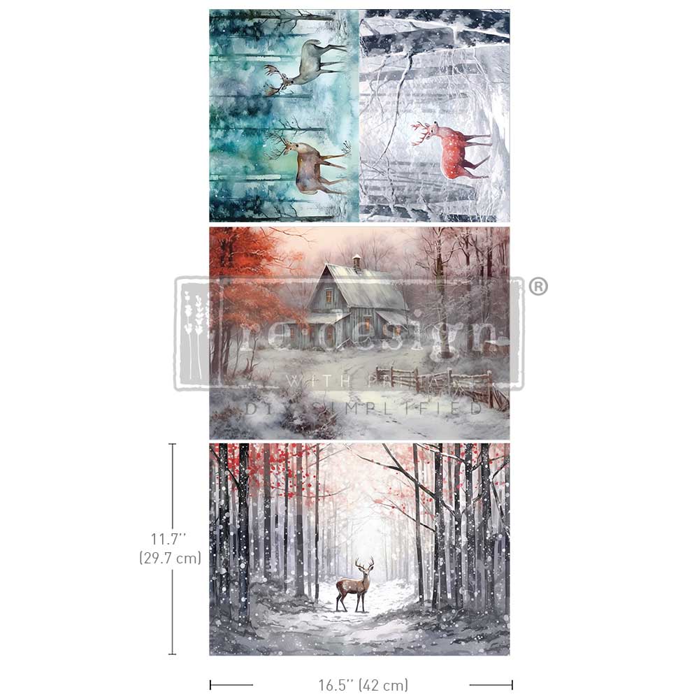 PRE-ORDER Re-Design With Prima® A3 Decoupage Fiber - Dashing Through The Pines 11.7x16.5" 3 Sheets